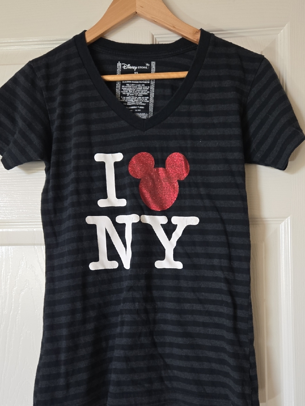 Disney Black & Gray Striped V-Neck Tee with White I NY and Red Glitter Mickey